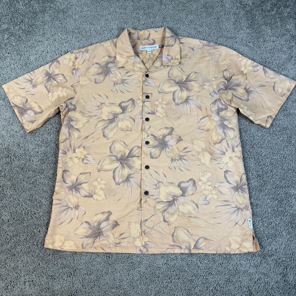 Quiksilver Edition Shirt Mens L Beige Hawaiian Surf Surfer Lyocell Polyester